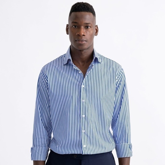 PROPER CLOTH Men’s Stanton Broadcloth Dress Shirt Blue Bengal Stripe‎ 18.5/35 - Picture 1 of 14